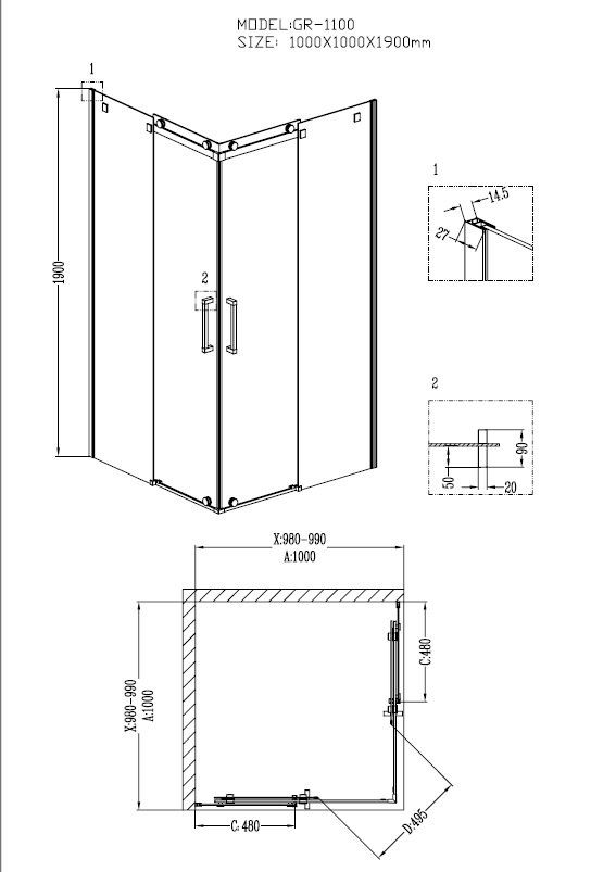 Душ.ограждение GR-1100 Cosmo 100*100*190 квадрат, двери раздвижные 2 места