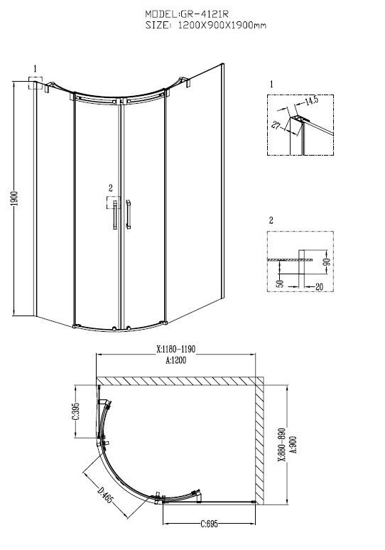 Душ.ограждение GR-4120R Galaxy 120*80*190 двери раздвижные 2 места