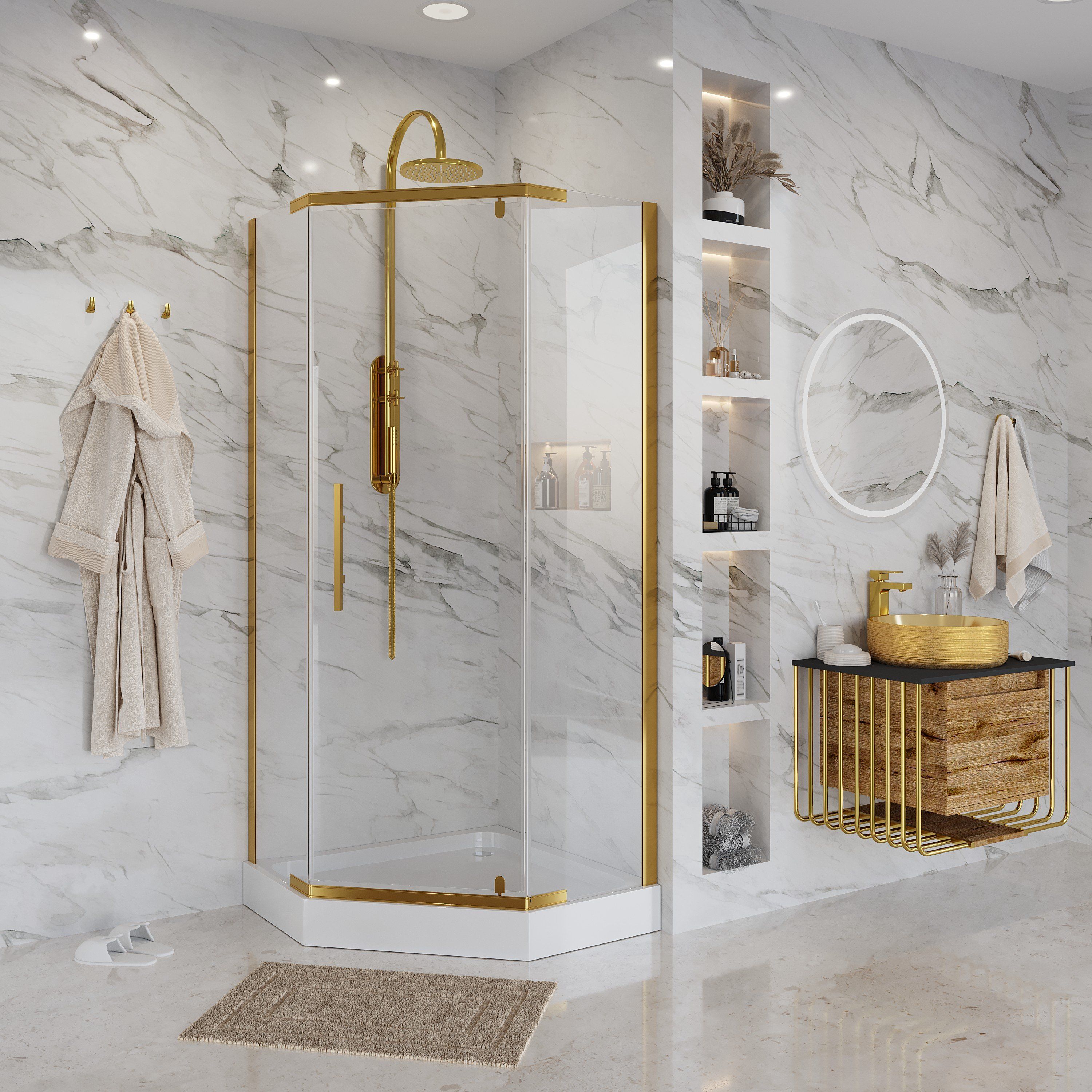 Душ.ограждение NG-6405-08 GOLD (90*90*190) трапеция, дверь распашная, 1 место