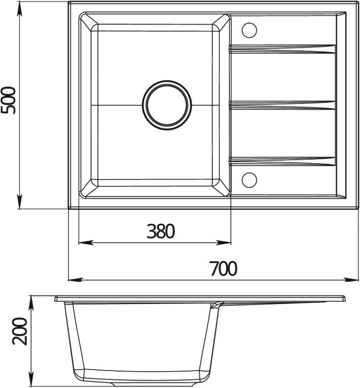 Мойка кухонная Сорренто DNN-1700.Q морион, 70х50 см, черная, кварцевая, с крылом, российские