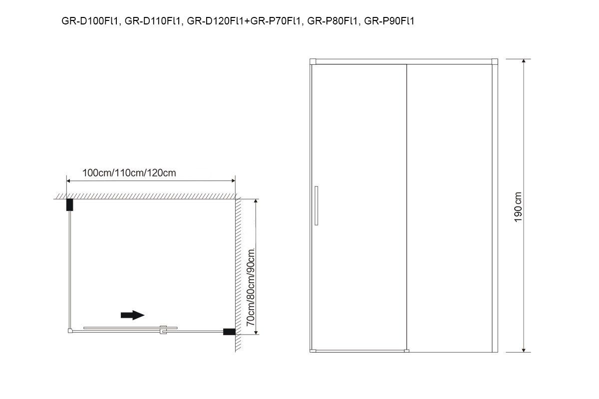 Душ.ограждение GR-D120-P70 Fly1 (120*70*190) прямоугольник, дверь раздвижная 2 места