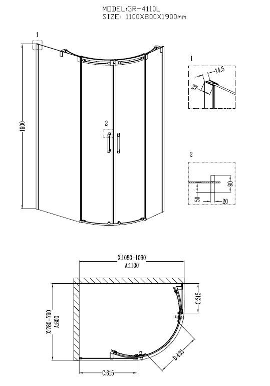 Душ.ограждение GR-4110L Galaxy 110*80*190 двери раздвижные 2 места