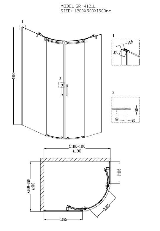 Душ.ограждение GR-4121L Galaxy 120*90*190 двери раздвижные 2 места