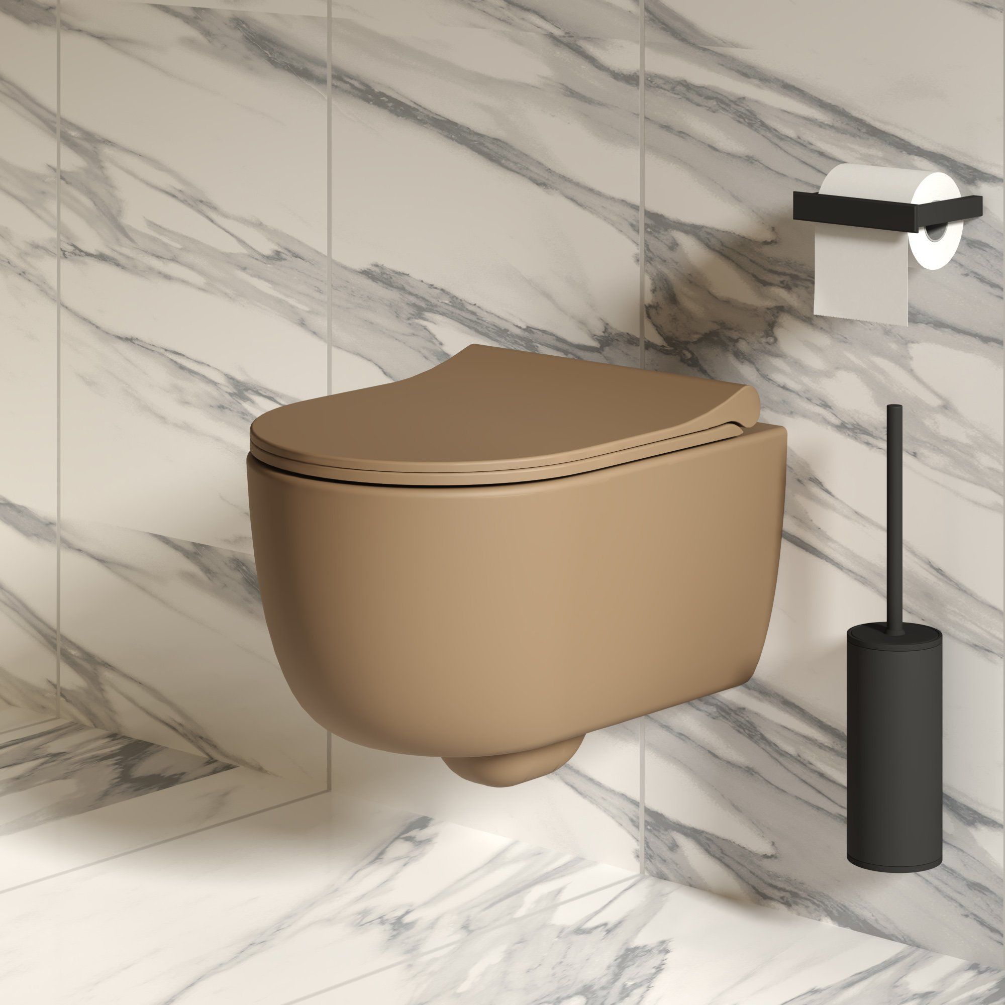 Унитаз Abner 103T20501R (545*360*330) МАТОВЫЙ ТЕМНО-БЕЖЕВЫЙ подвесной БЕЗОБОДКОВЫЙ с тонкой крышкой, 2 места