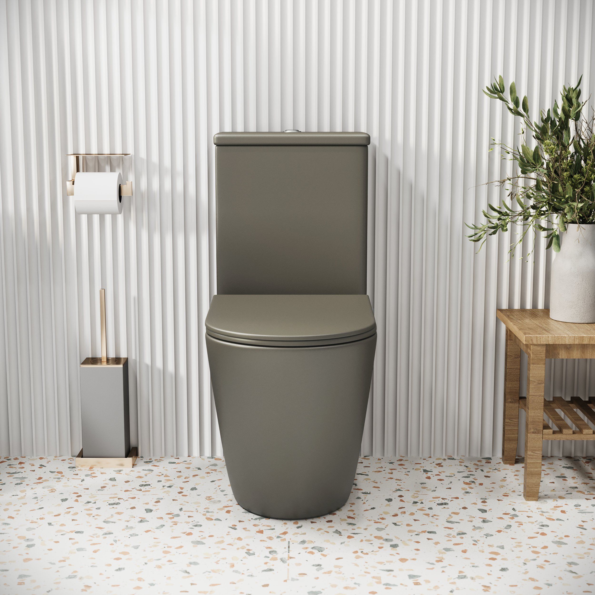 Унитаз GR-4480GSMS Color (620*365*810) ХАКИ МАТОВЫЙ напольный БЕЗОБОДКОВЫЙ с тонкой крышкой, 2 места