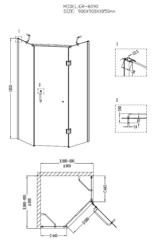 Душ.ограждение GR-1090 Cosmo 90*90*190 квадрат, двери раздвижные 2 места
