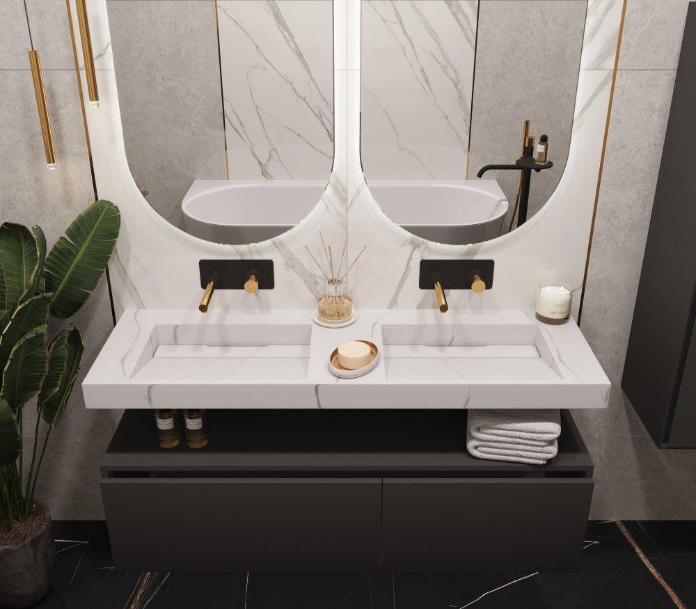 859-140-CLCT Boheme Столешница моноблок FLAT CALACATTA (1410*452*80) 2 чаши