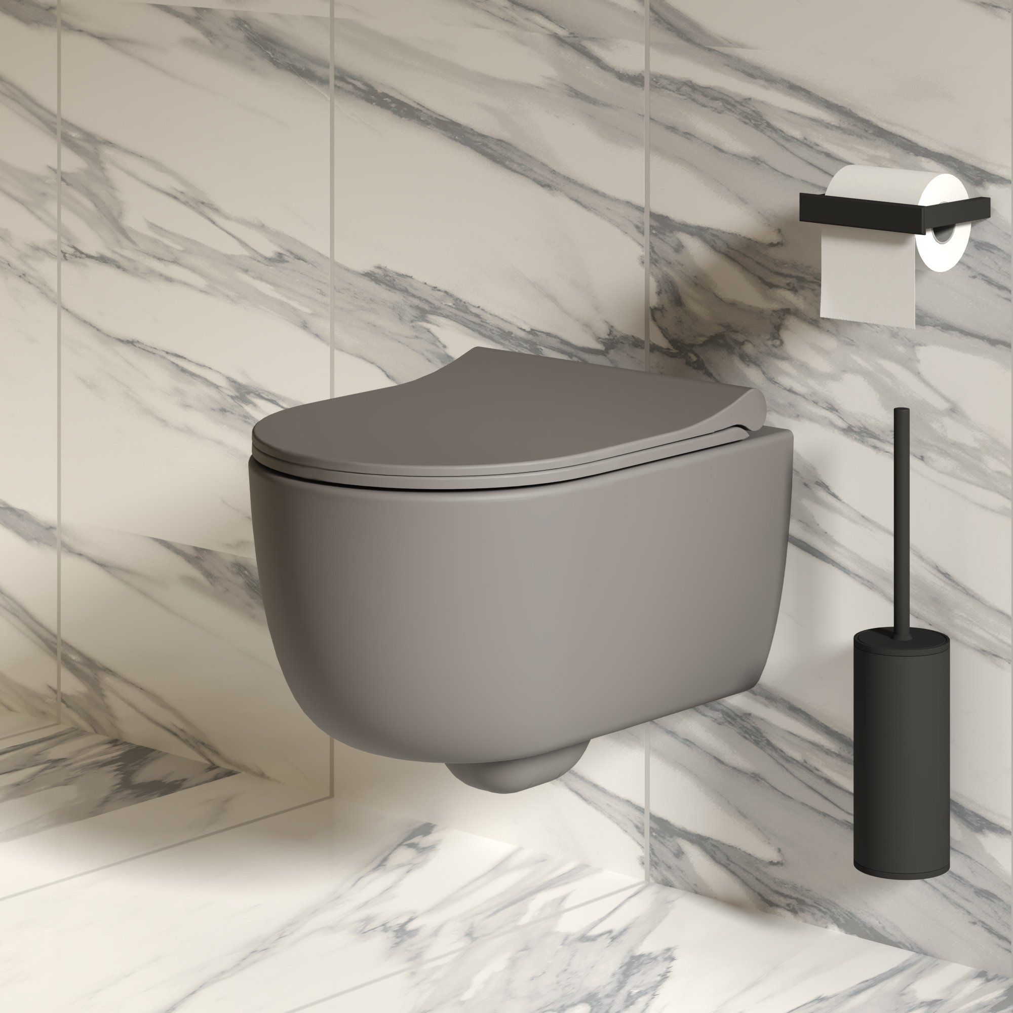 Унитаз Abner 103T20301R (545*360*330) МАТОВЫЙ СЕРЫЙ подвесной БЕЗОБОДКОВЫЙ с тонкой крышкой, 2 места