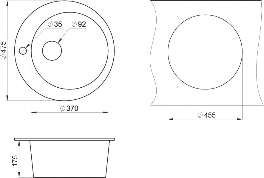 Мойка кухонная Сорренто DNN-1475.C морион, черная, 37х37 см, круглая, кварцевая, встраиваемая