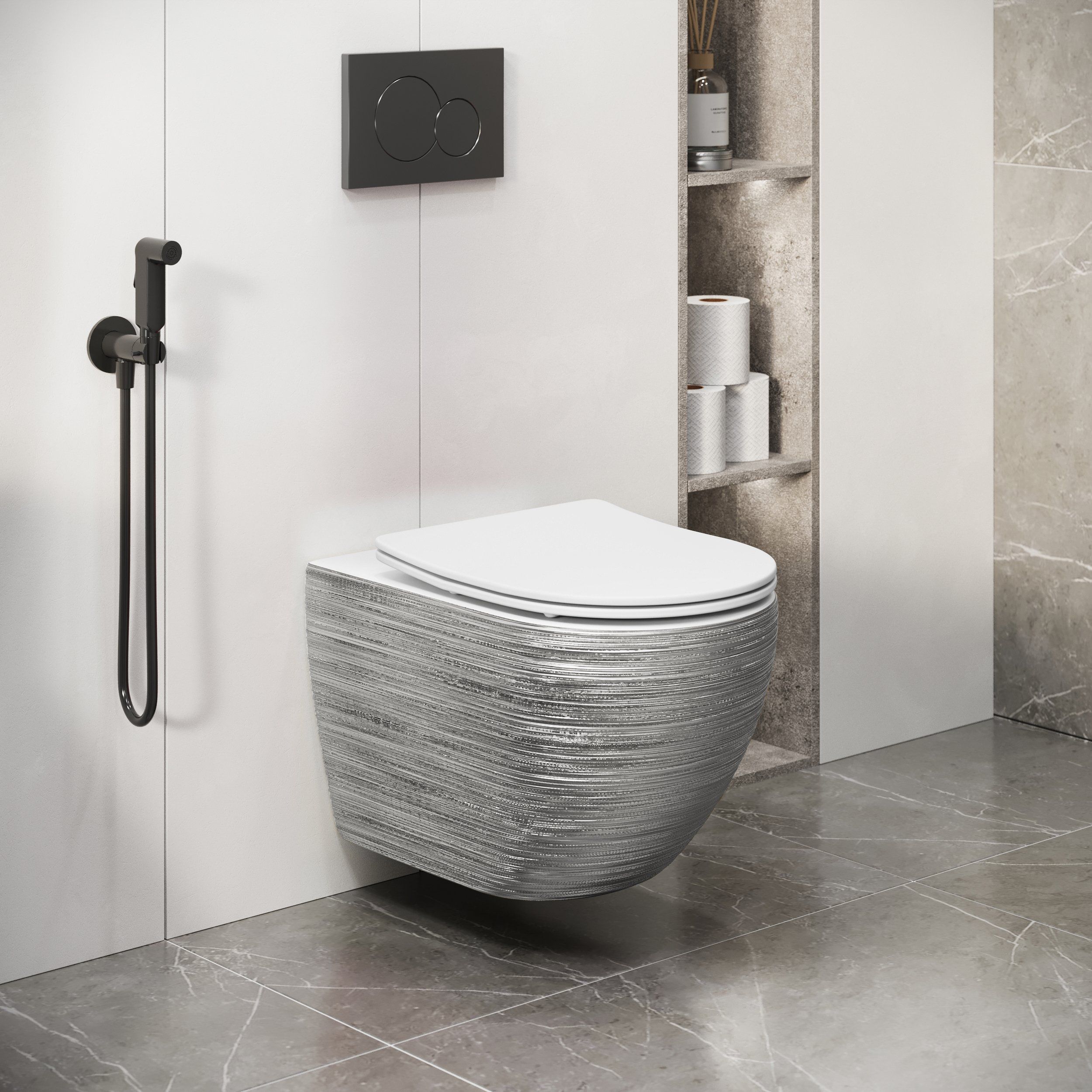 Унитаз GR-4411SWS Color (550*365*395) СЕРЕБРО внутри БЕЛЫЙ подвесной БЕЗОБОДКОВЫЙ