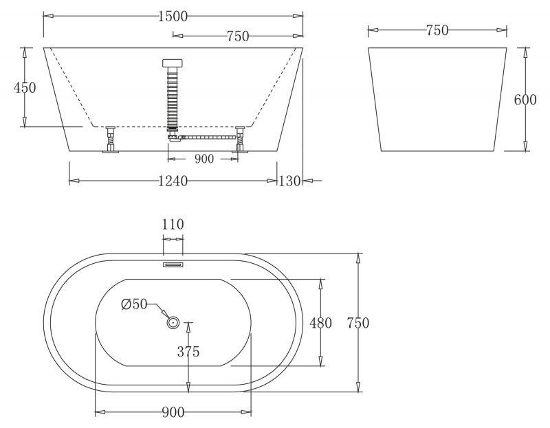 Акриловая ванна с белым сливом, с переливом, BELBAGNO BB71-1500-BIANCO, 1500x750x600