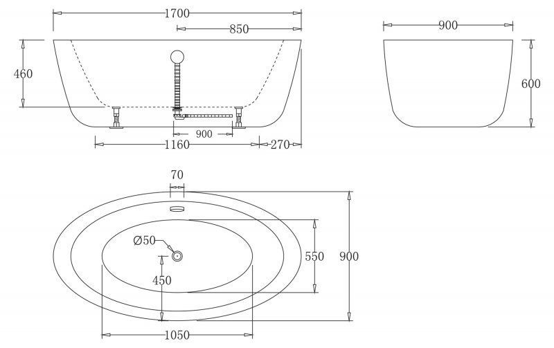 Акриловая ванна без перелива BELBAGNO BB67-1700-W0, 1700x900x600