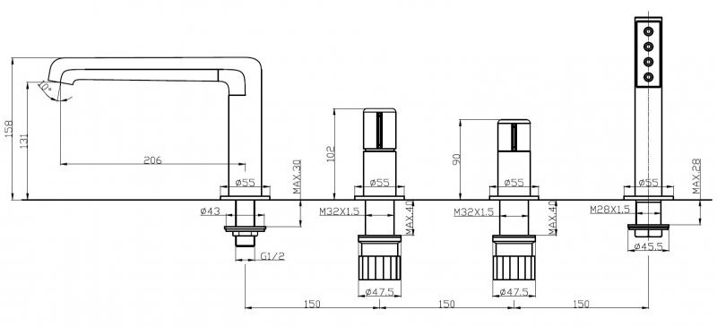 Смеситель на борт ванны хром Belbagno UNO-BVD4-CRM