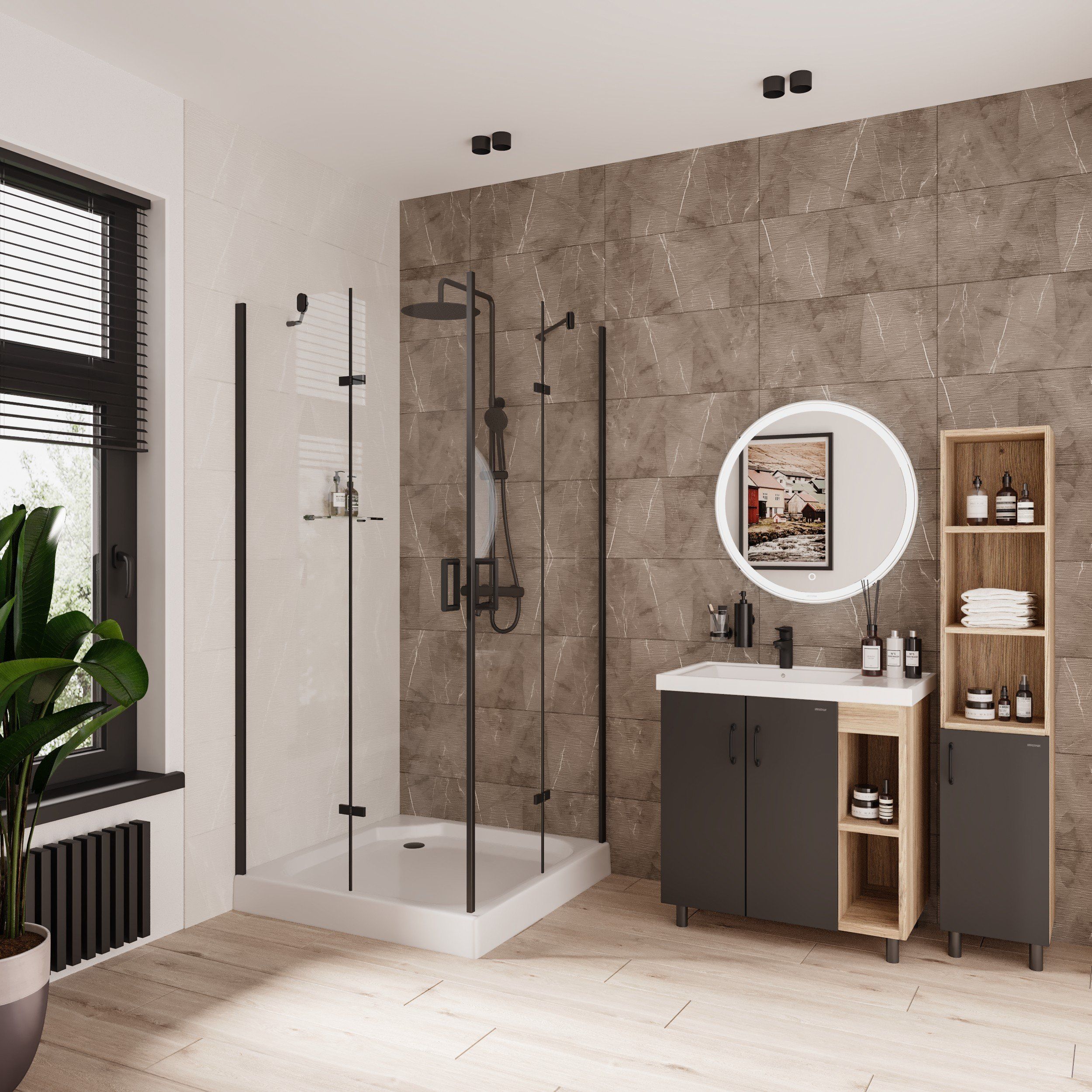 Душ.ограждение NG-6813-08 BLACK (90*90*190) квадрат, две двери распашные, 1 место