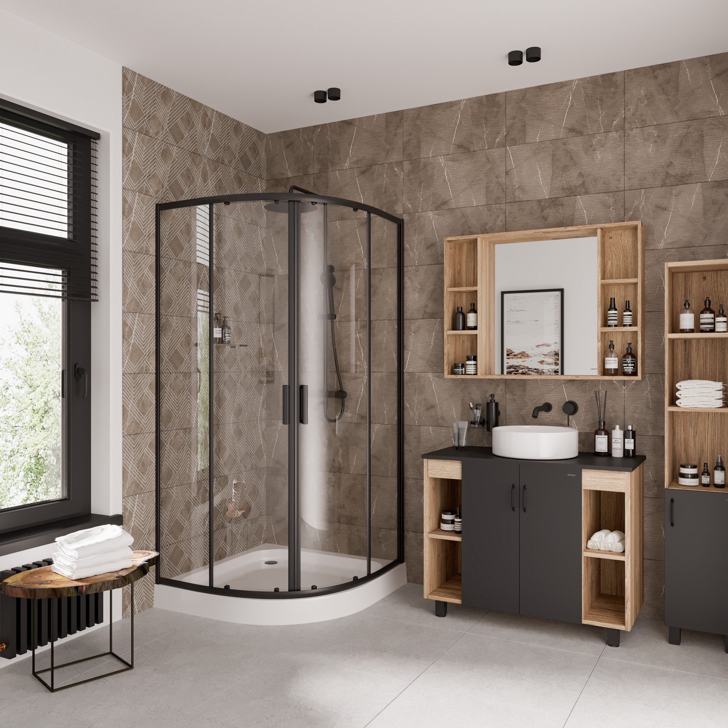 Душ.ограждение NG-6806-08 BLACK (90*90*190) полукруг, двери раздвижные, 1 место
