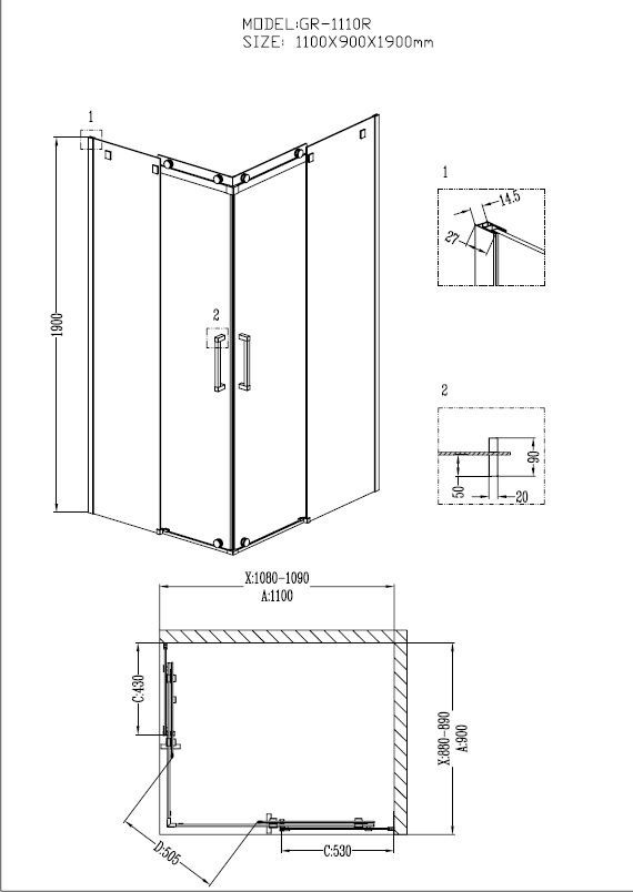 Душ.ограждение GR-1110R Cosmo 110*90*190 прямоугольник, двери раздвижные 2 места