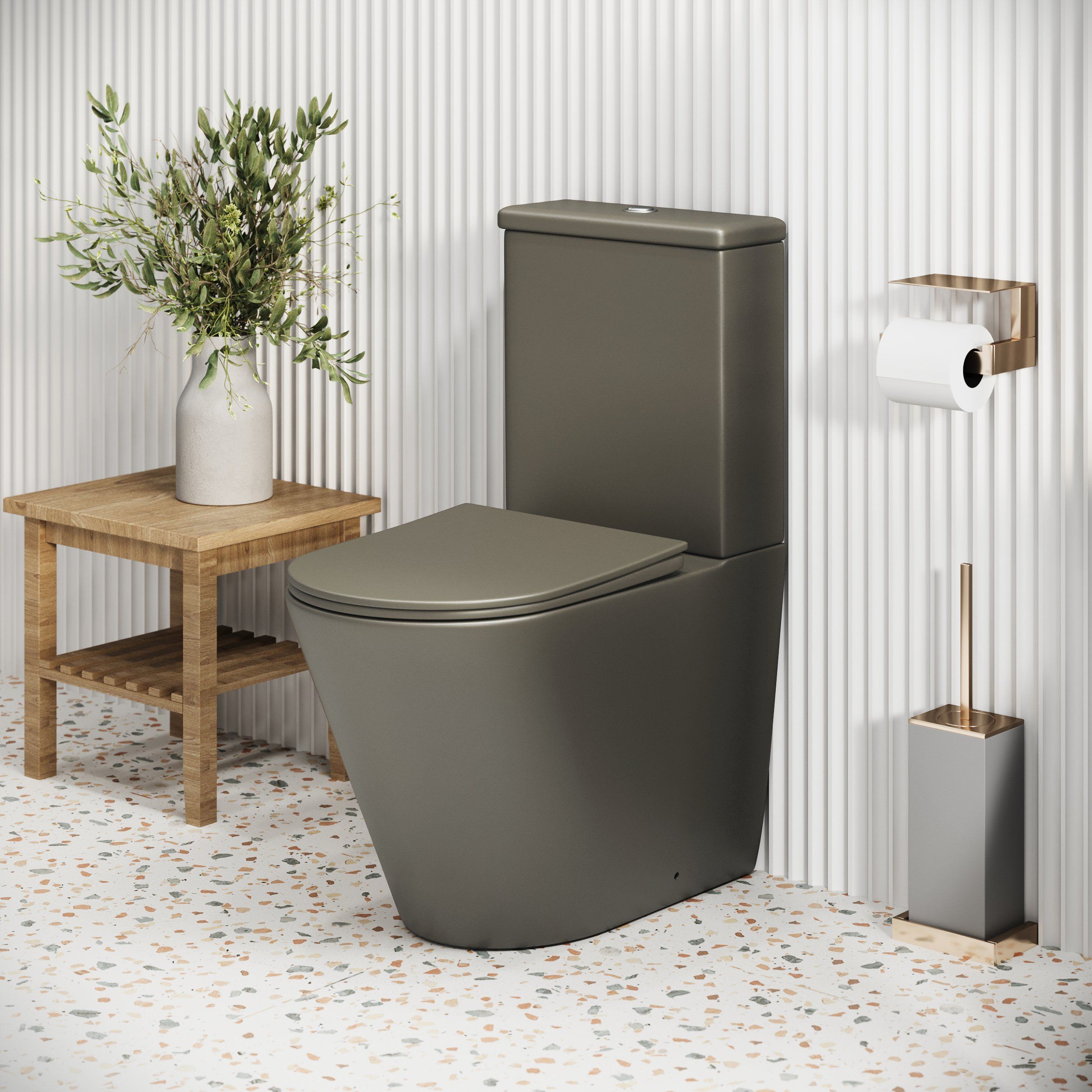 Унитаз GR-4480GSMS Color (620*365*810) ХАКИ МАТОВЫЙ напольный БЕЗОБОДКОВЫЙ с тонкой крышкой, 2 места