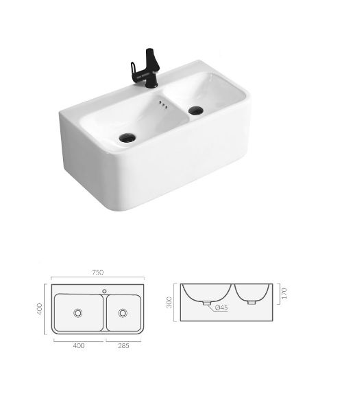 Раковина Double COMO (750х400х300) двойная подвесная Ceruttispa