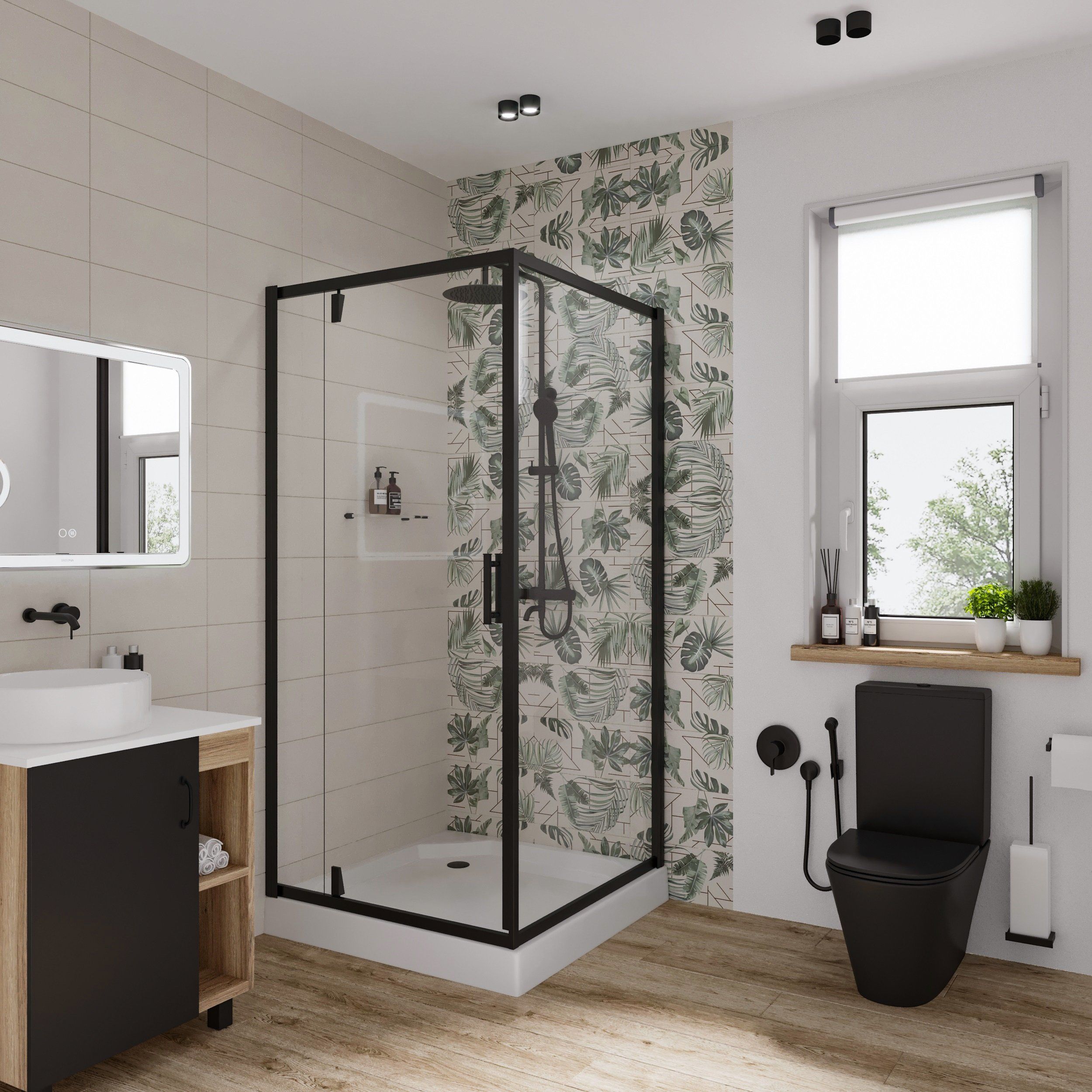Душ.ограждение NG-6801-08 BLACK (90*90*195) квадрат, дверь распашная, 1 место