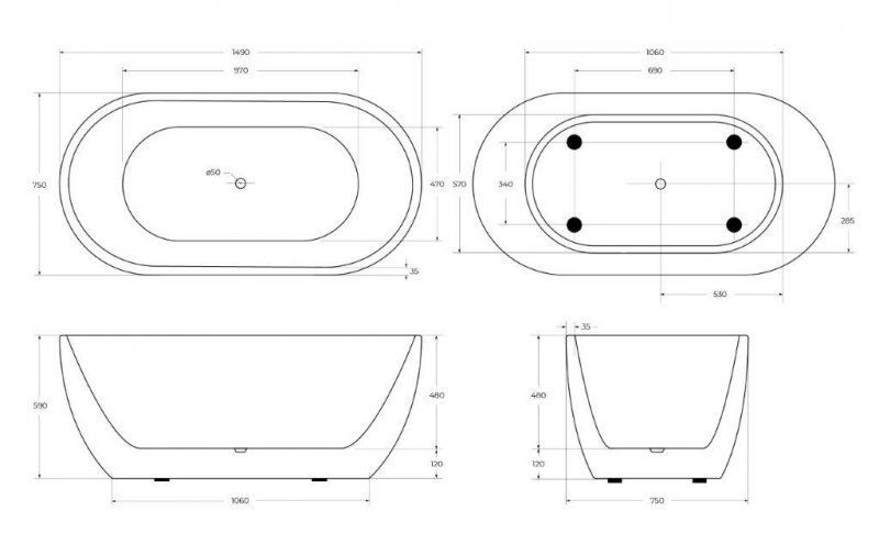 Акриловая ванна BELBAGNO BB70-1500-800-W/NM Белый Глянец внутри, черный матовый снаружи