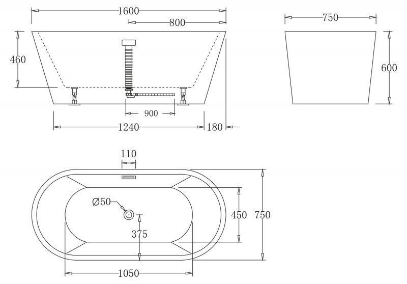 Акриловая ванна с белым сливом, с переливом, BELBAGNO BB71-1600-BIANCO, 1600x750x600