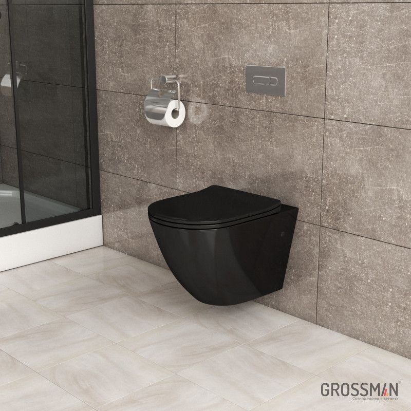 Унитаз Grossman GR-4411BS (560*360*350) ЧЁРНЫЙ глянец подвесной безободковый с тонкой крышкой