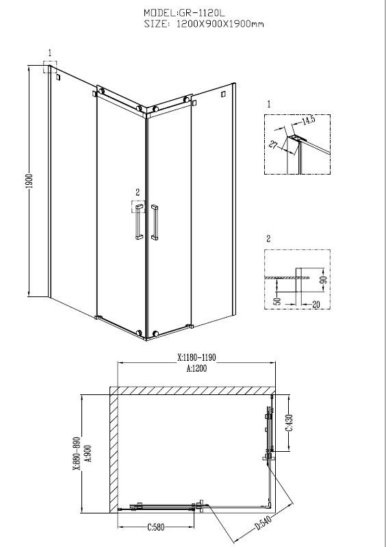 Душ.ограждение GR-1120L Cosmo 120*90*190 прямоугольник, двери раздвижные 2 места