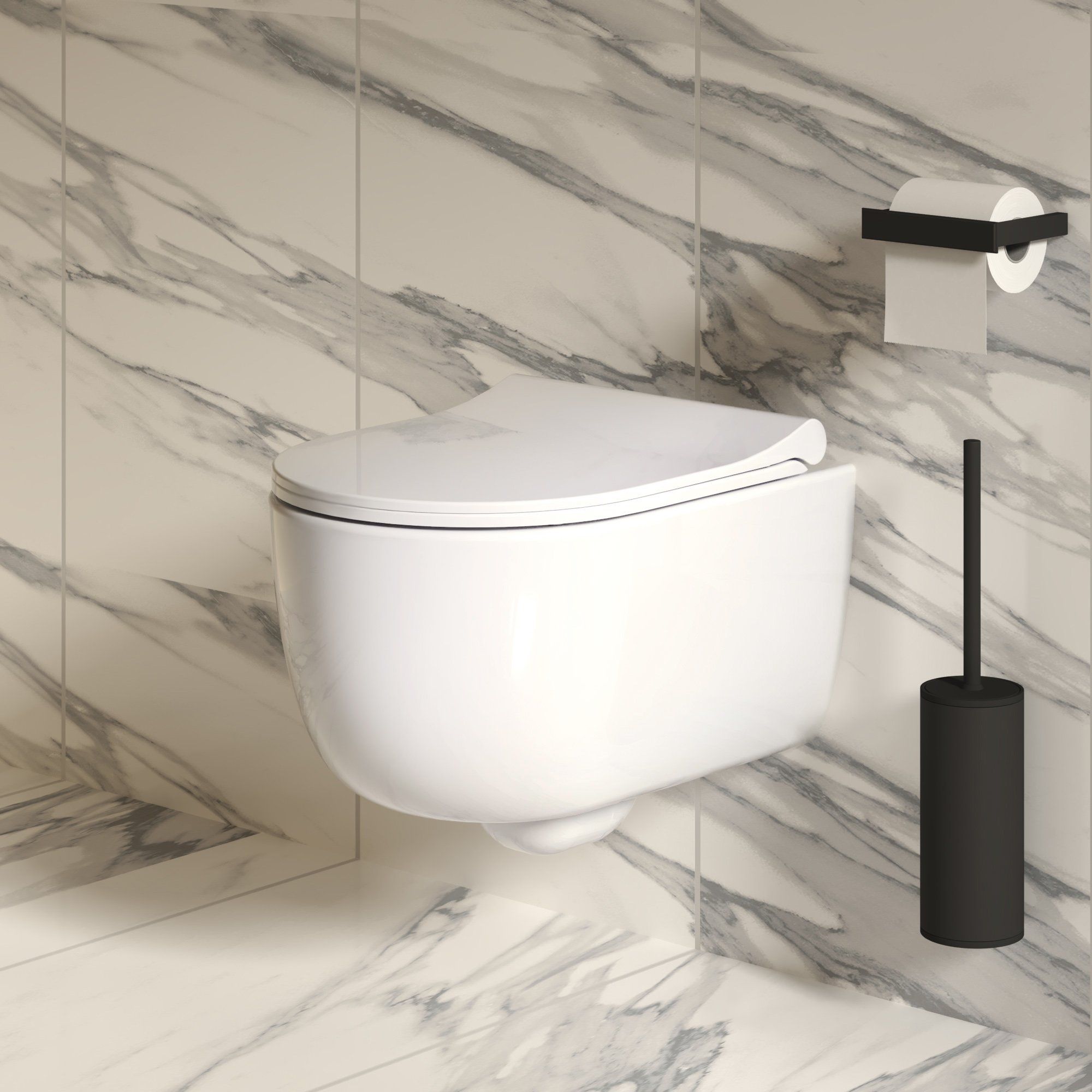 Унитаз Abner 103T20001R (545*360*330) БЕЛЫЙ подвесной БЕЗОБОДКОВЫЙ с тонкой крышкой, 2 места