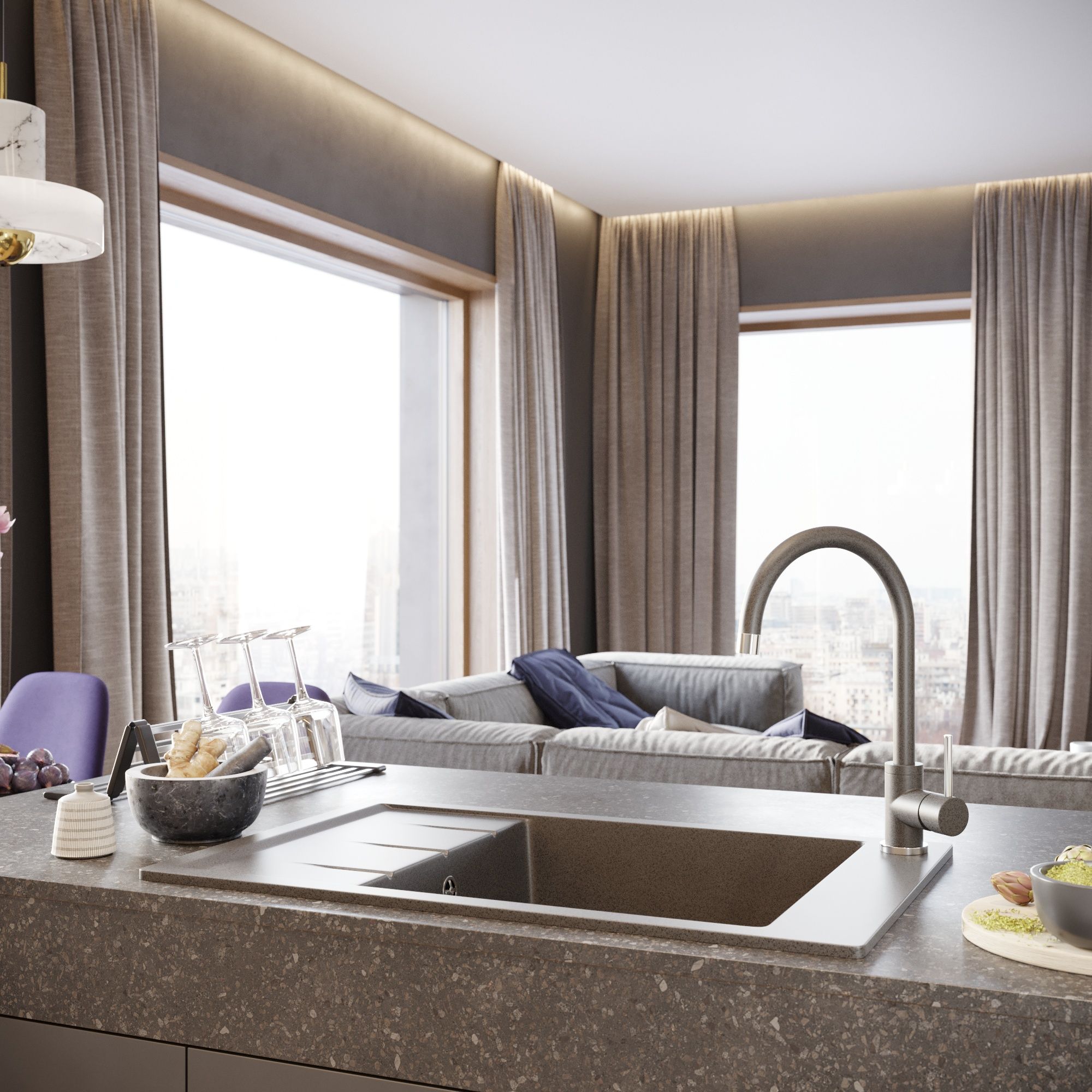 Мойка кухонная Сорренто DNN-1700.Q антрацит, 38х46, кварцевая, с крылом, встраиваемая, черная
