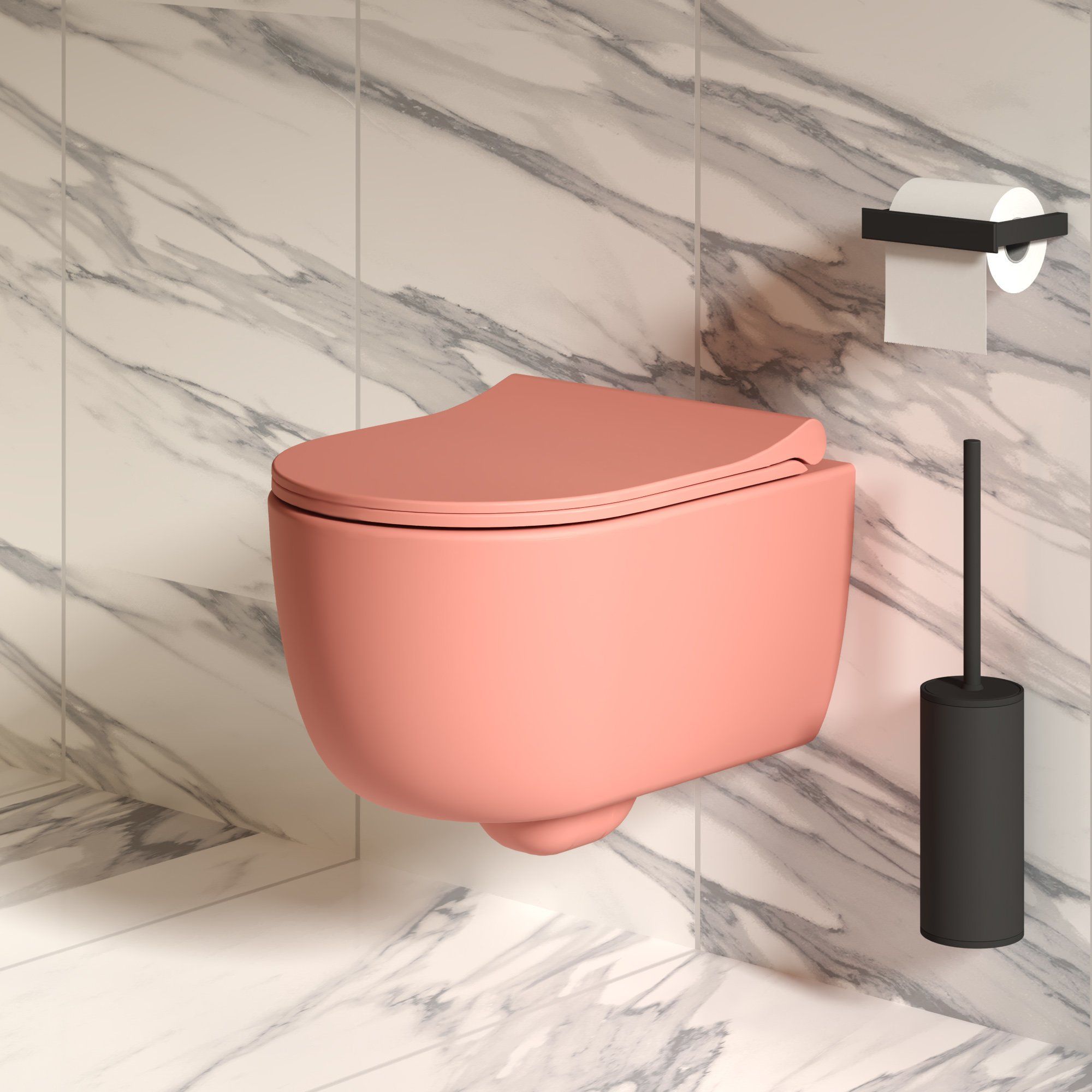Унитаз Abner 103T20901R (545*360*330) МАТОВЫЙ РОЗОВЫЙ подвесной БЕЗОБОДКОВЫЙ с тонкой крышкой, 2 места