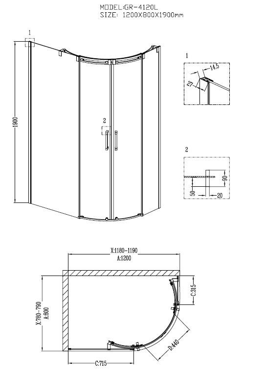 Душ.ограждение GR-4120L Galaxy 120*80*190 двери раздвижные 2 места