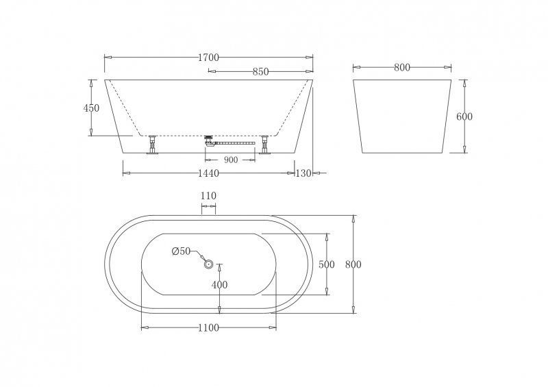 Акриловая ванна с белым сливом, с переливом, BELBAGNO BB71-1700-BIANCO, 1700x800x600
