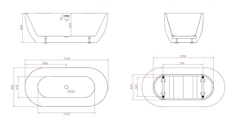 Акриловая ванна без перелива BELBAGNO BB61-1700-W0, 1700х750х600