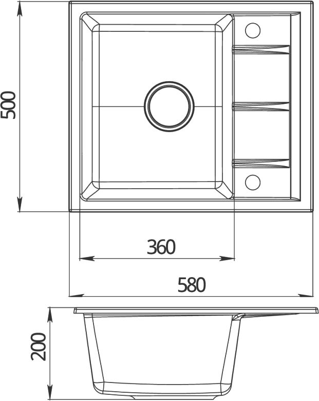 Мойка кухонная Сорренто DNN-1580.Q антрацит, 36х46 см, с крылом, кварцевая, прямоугольная, встраиваемая