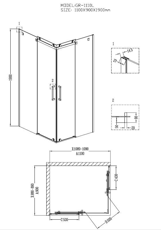 Душ.ограждение GR-1110L Cosmo 110*90*190 прямоугольник, двери раздвижные 2 места