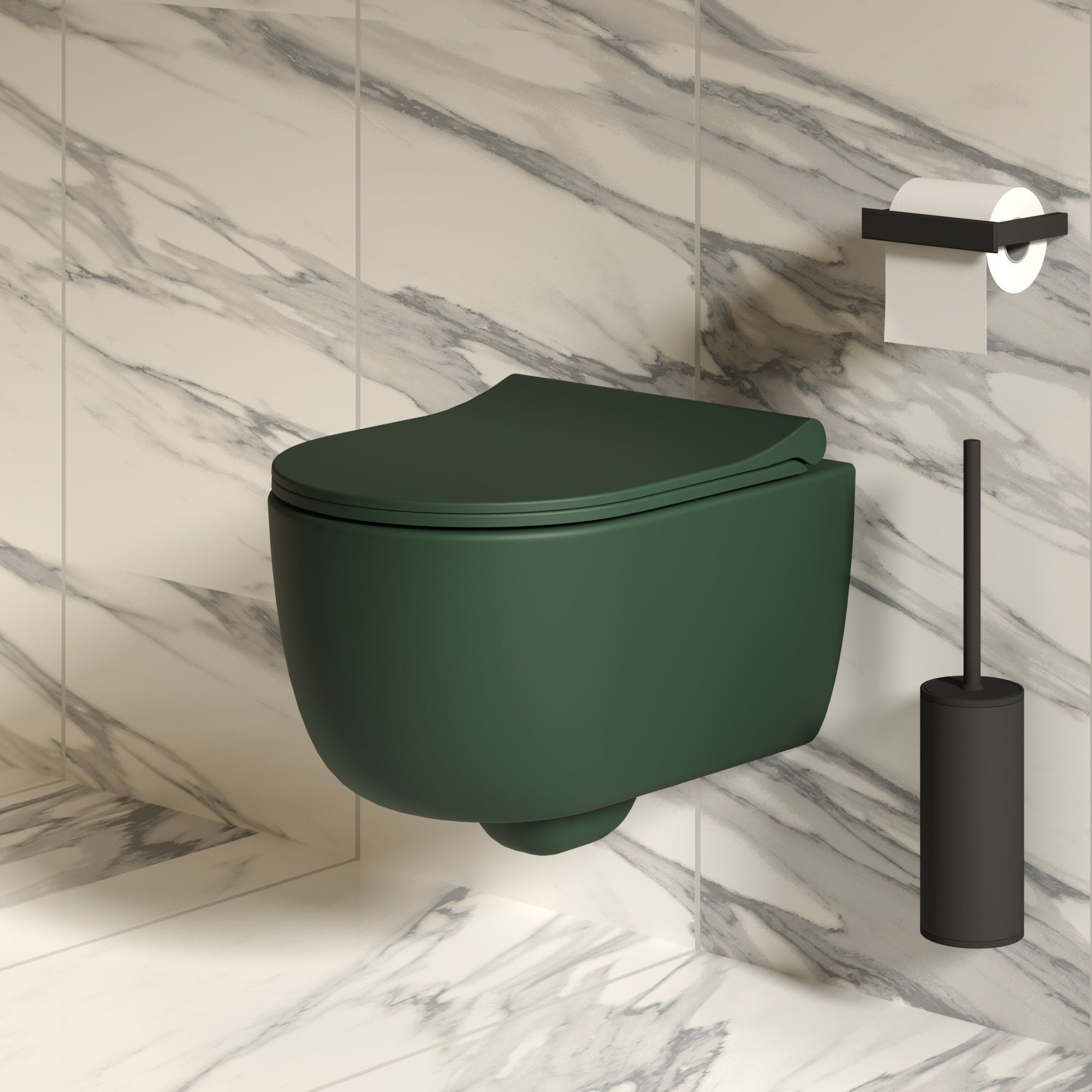 Унитаз Abner 103T20701R (545*360*330) МАТОВЫЙ ЗЕЛЁНЫЙ подвесной БЕЗОБОДКОВЫЙ с тонкой крышкой, 2 места
