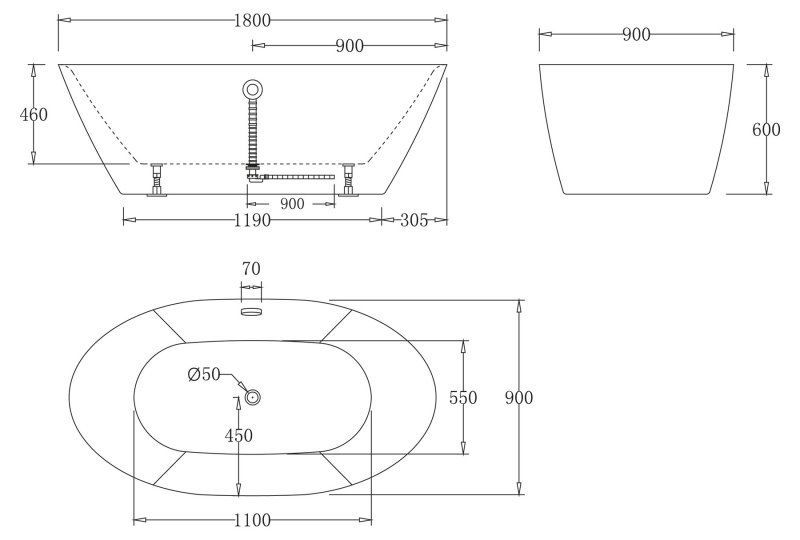 Акриловая ванна BELBAGNO BB68-1800, 1800x900x600