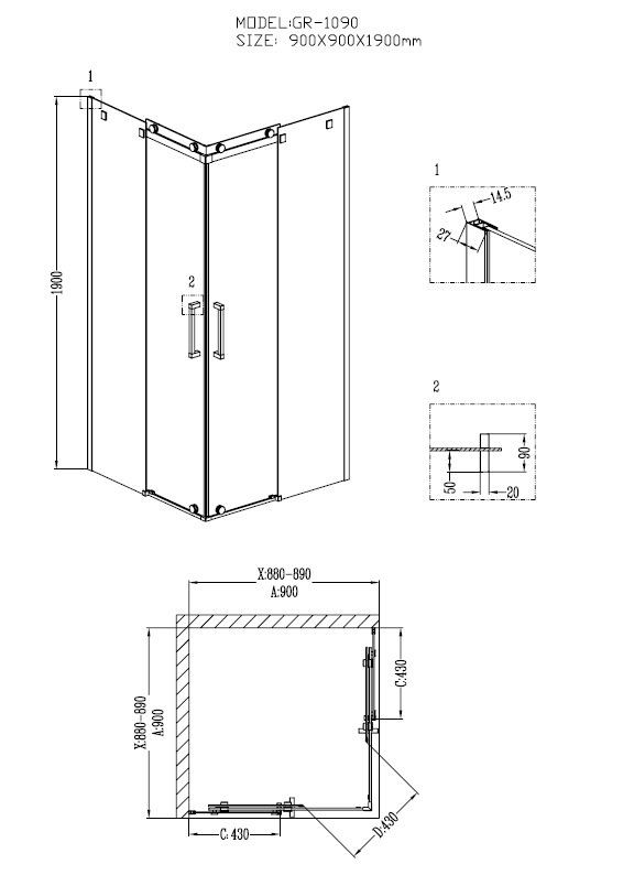 Душ.ограждение GR-1090 Cosmo 90*90*190 квадрат, двери раздвижные 2 места