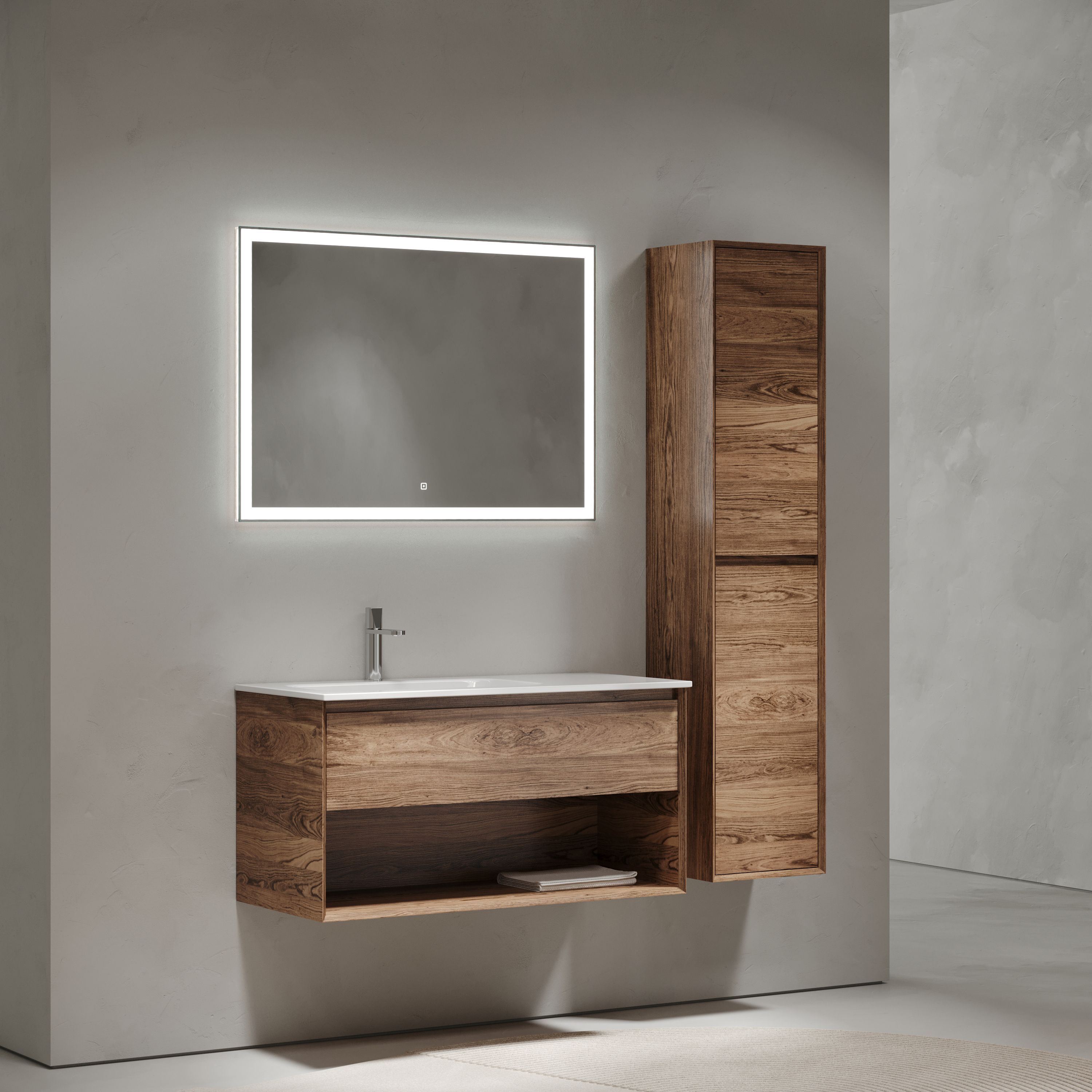 Тумба подвесная SANCOS Marmi 1.0 левая, 995х445х520, c одним ящиком оснащенным доводчиками скрытого монтажа и открытой нишей, дуб чарльстон, арт.MR1.0100LECH