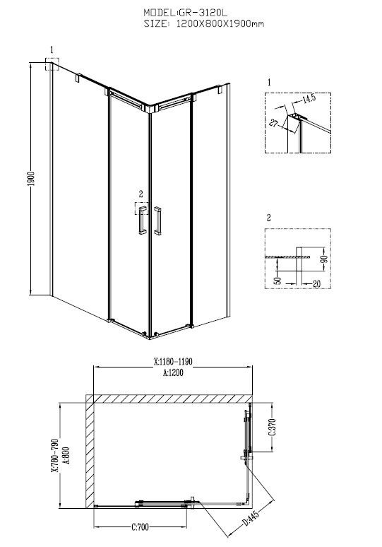Душ.ограждение GR-3120L Galaxy 120*80*190 прямоугольник, двери раздвижные 2 места