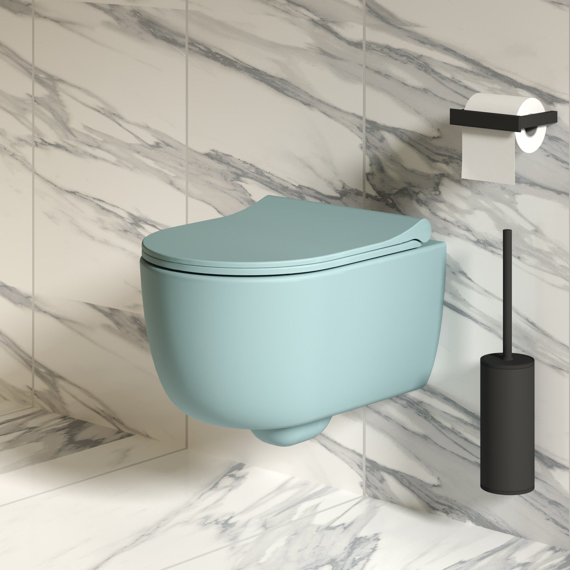 Унитаз Abner 103T20801R (545*360*330) МАТОВЫЙ ГОЛУБОЙ подвесной БЕЗОБОДКОВЫЙ с тонкой крышкой, 2 места