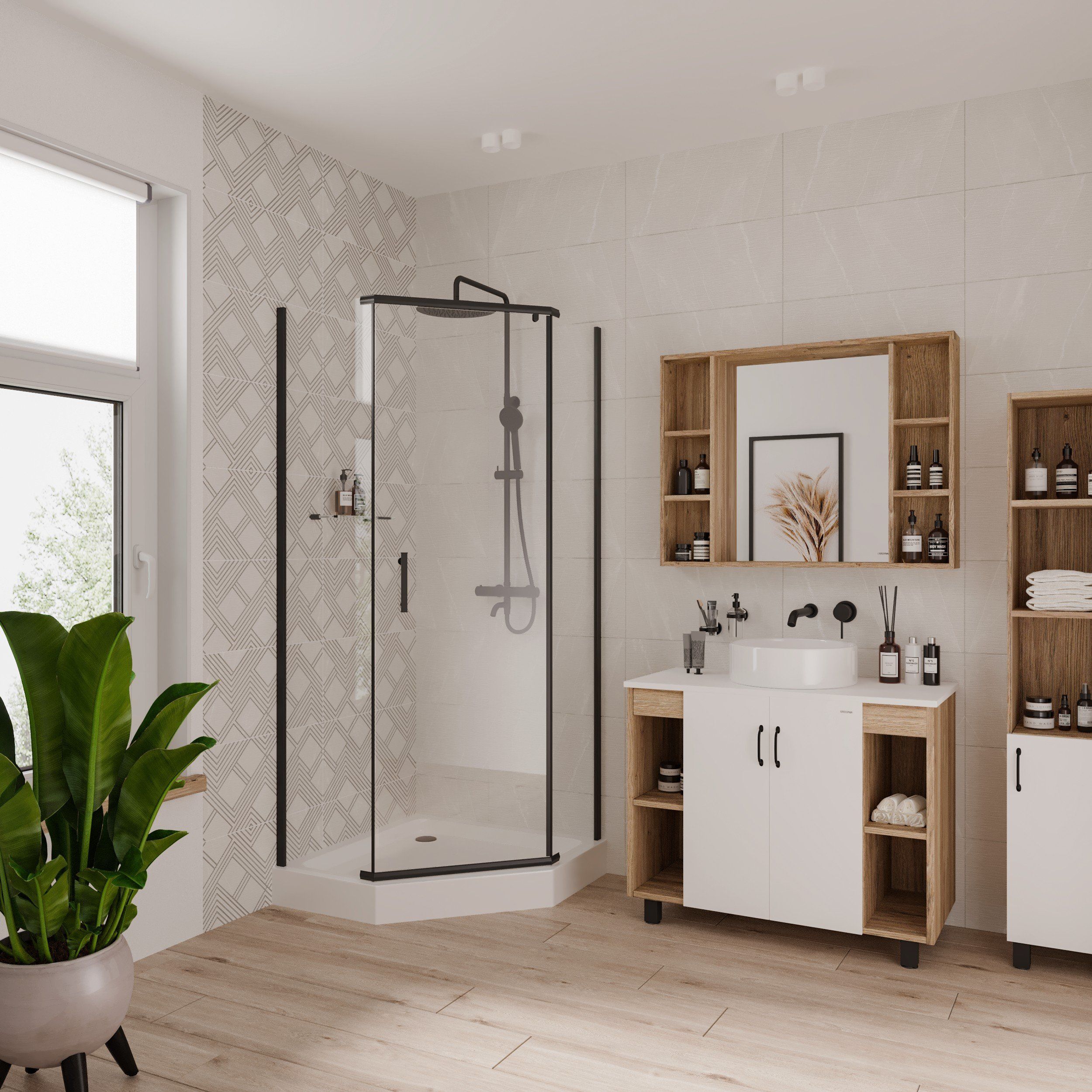 Душ.ограждение NG-6805-08 BLACK (90*90*195) трапеция, дверь распашная, 1 место