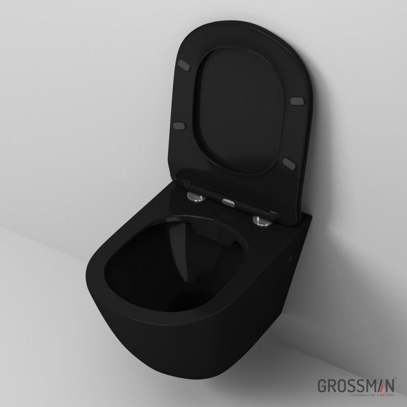 Унитаз Grossman GR-4411BS (560*360*350) ЧЁРНЫЙ глянец подвесной безободковый с тонкой крышкой