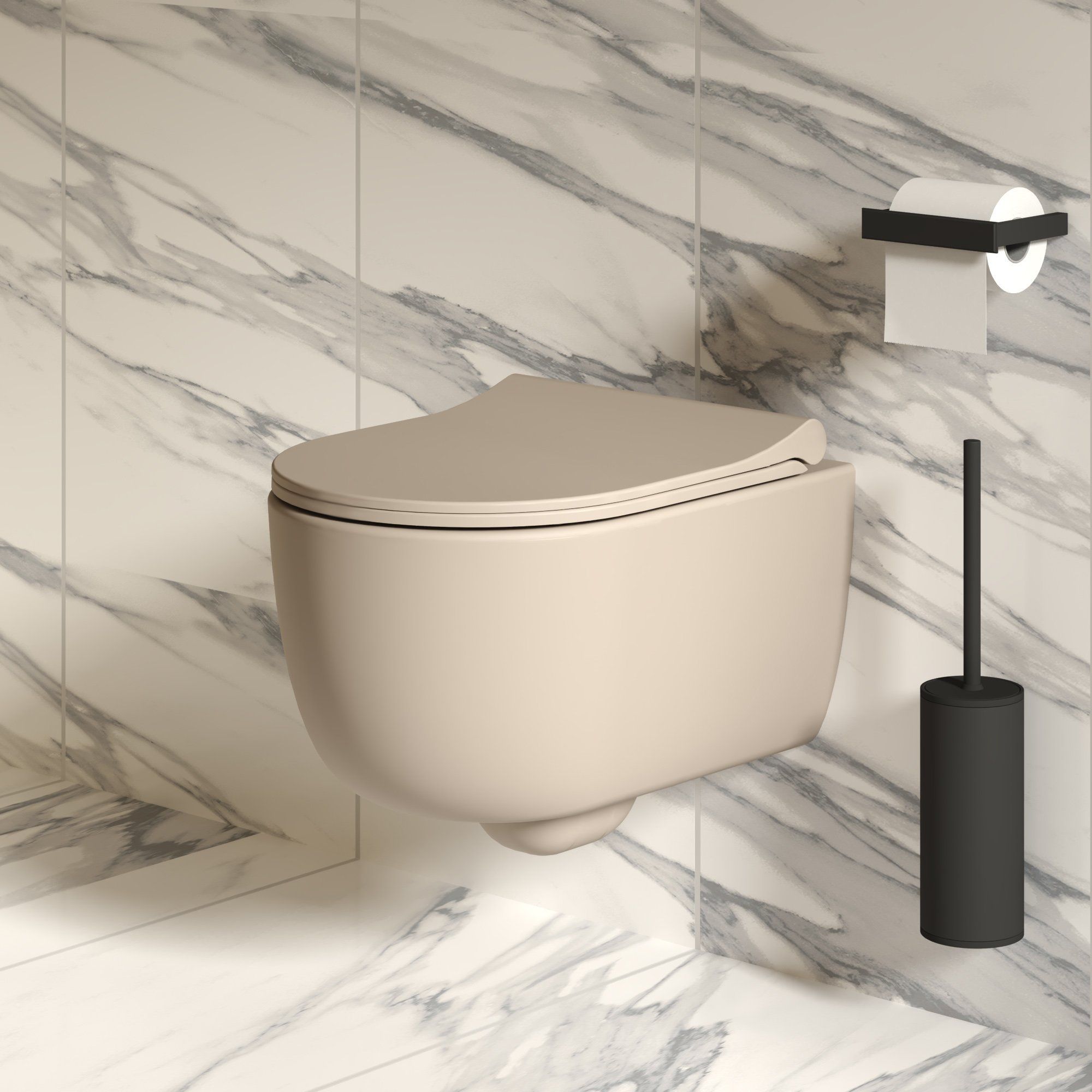 Унитаз Abner 103T20401R (545*360*330) МАТОВЫЙ БЕЖЕВЫЙ подвесной БЕЗОБОДКОВЫЙ с тонкой крышкой, 2 места