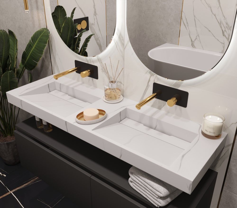 859-140-CLCT Boheme Столешница моноблок FLAT CALACATTA (1410*452*80) 2 чаши