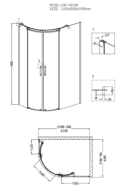 Душ.ограждение GR-4110R Galaxy 110*80*190 двери раздвижные 2 места