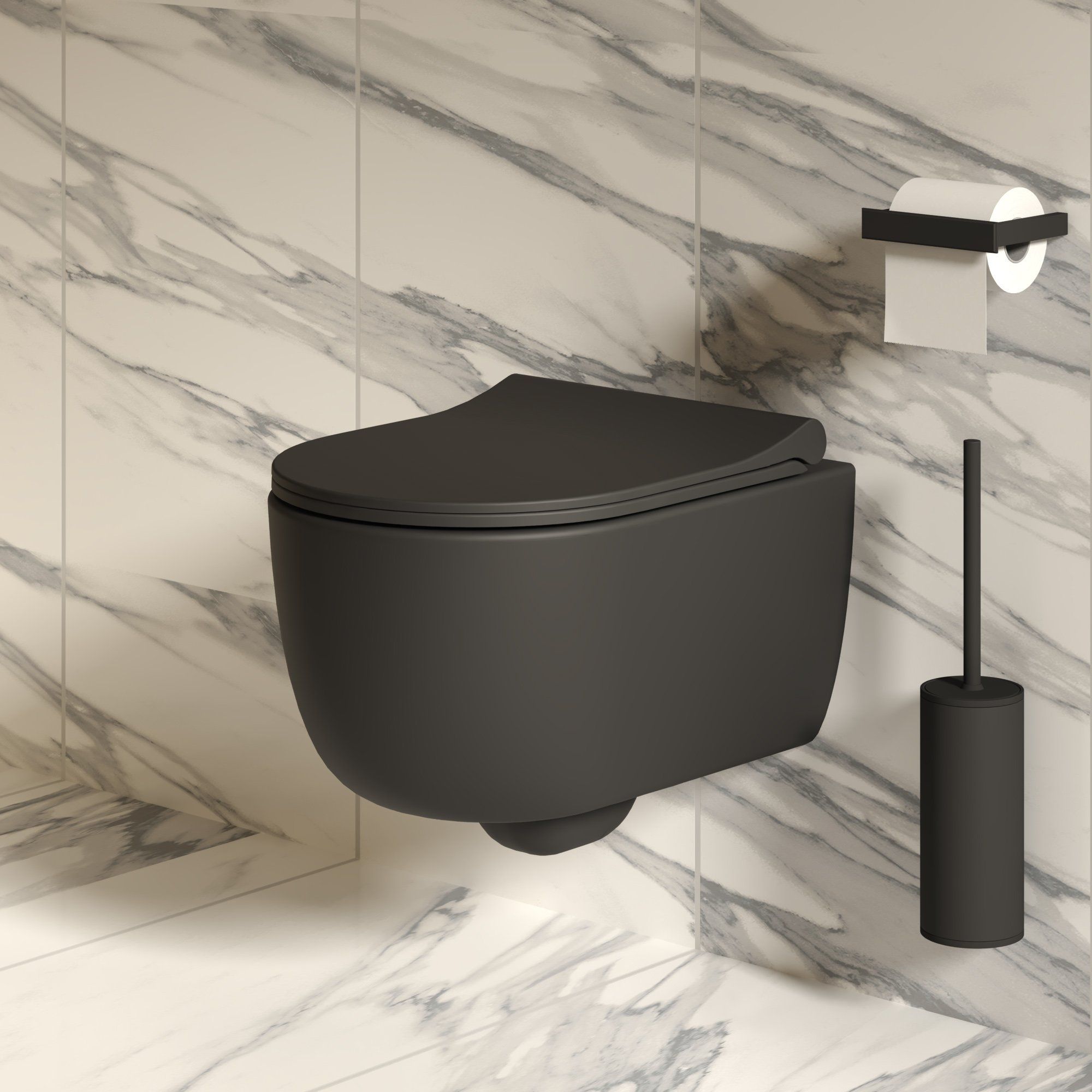 Унитаз Abner 103T20201R (545*360*330) ЧЕРНЫЙ МАТОВЫЙ подвесной БЕЗОБОДКОВЫЙ с тонкой крышкой, 2 места